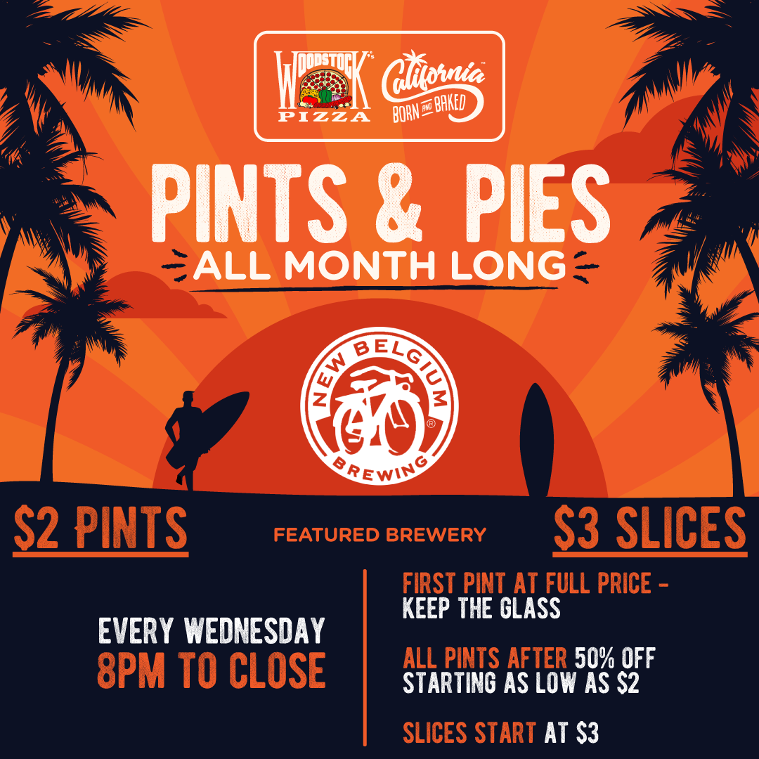 Pints & Pies all month long. New Belgium Brewing is our featured brewery. Every Wednesday 8pm to close. $2 Pints $3 slices.